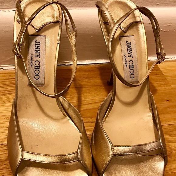 JIMMY CHOO Metallic Nappa Gold HEELS, ANKLE STRAP - Picture 1 of 7